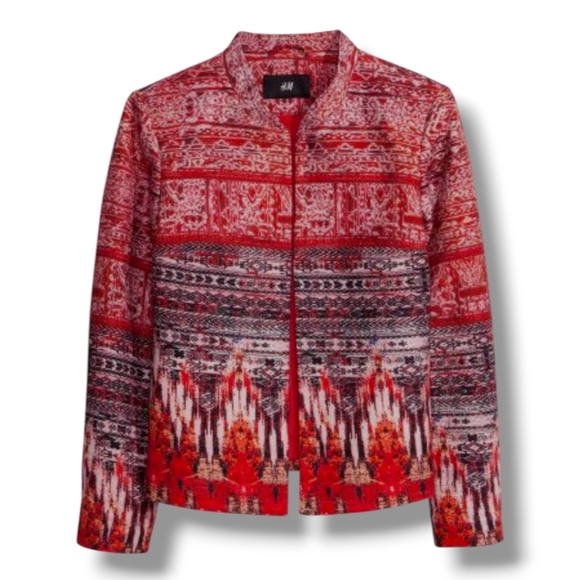 NEW* H&M Blazer Jacket Red Size 6 Aztec Ikat Print - Bohemian, Festival Fashion - Picture 1 of 9
